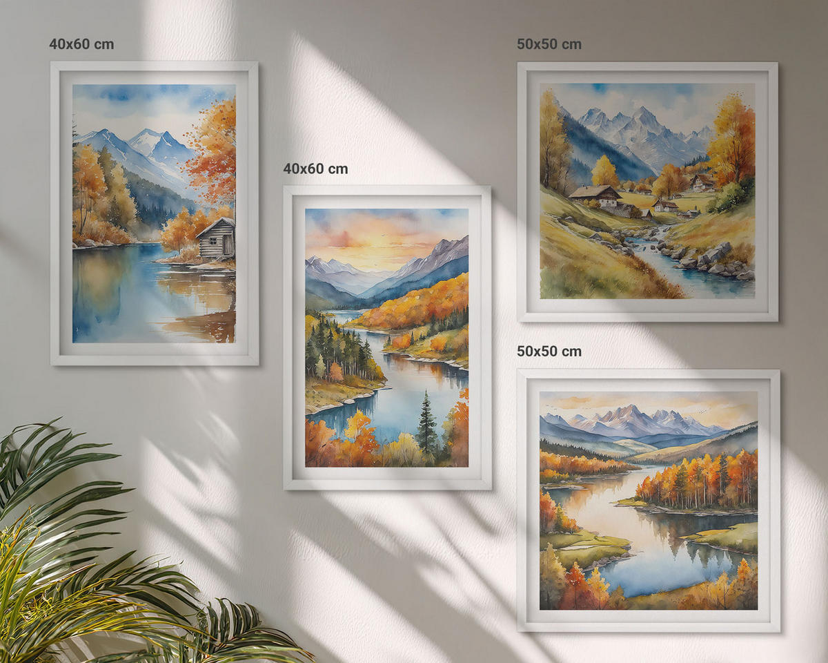 WANDBILDER 4er-Set - 50x50 cm & 40x60 cm Weißer Rahmen - Herbstliche Berge, Flusshütte - Weiß, Kunststoff (50/50cm) - ArtPrintCave
