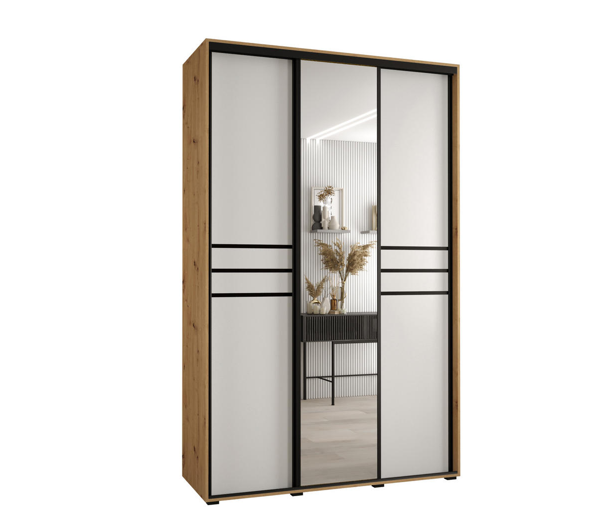 SCHWEBETÜRENSCHRANK 235,2/150/45 3-türig - Schwarz/Weiß, Holz/Metall (150/235/45cm) - Abiks Möbel
