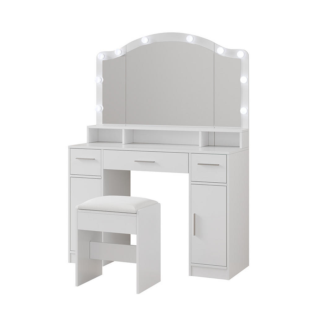 MASĂ DE TOALETĂ Lumira Alb 110 cm cu oglindă LED și taburet