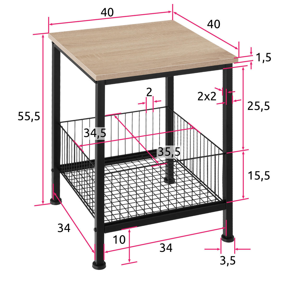 BEISTELLTISCH Grimsby,40 x 40 x 55,5 cm,Industrial Holz hell, Eiche Sonoma - Naturfarben, Holzwerkstoff (40/40/55.5cm) - tectake