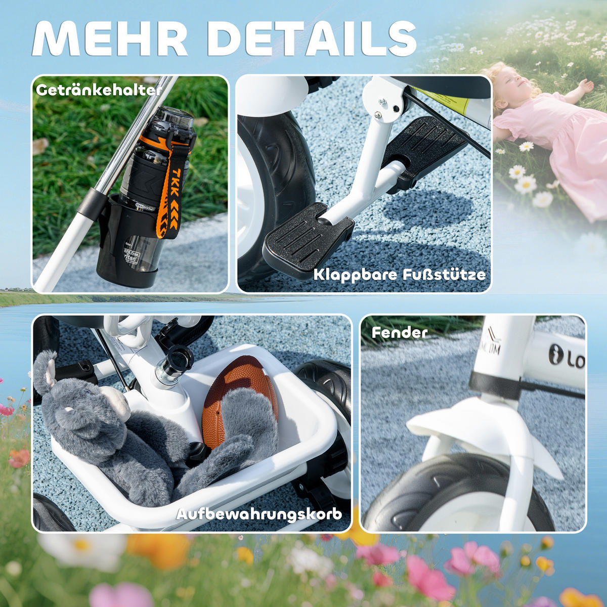 KINDERDREIRAD, Weiß, Metall+ Kunststoff - Weiß, Metall (105/47/98cm) - HOMCOM