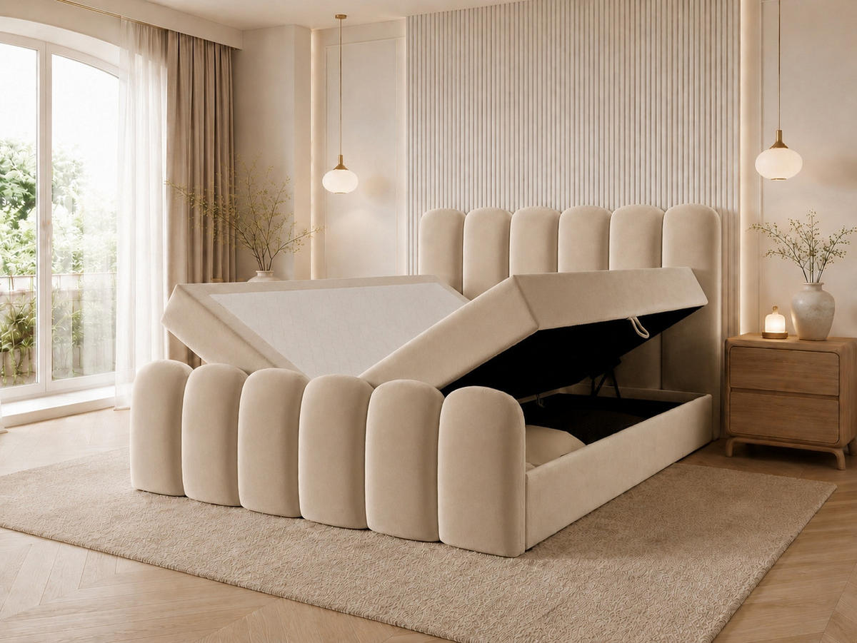 BOXBETT CUDDLE 120x200 cm in Hellbeige, Bettkasten, Topper, Velvet-Stoff - Beige, Holz/Textil (120/200cm) - EMLAR Home