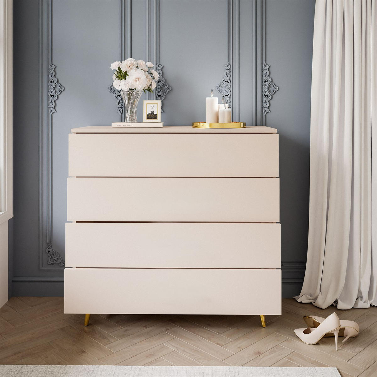 KOMMODE AURA KASCHMIR 4S mit Schubladen Goldene Beine - Kaschmir/Goldfarben, Holzwerkstoff (95/90/40cm) - Lookway
