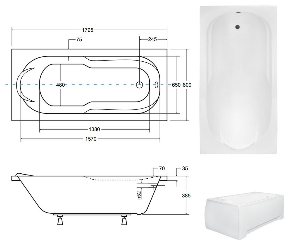 BADEWANNE Rechteck BONA 180/80 mit Träger Ablauf Füße - Weiß, Kunststoff (80/58.5/180cm) - bad land