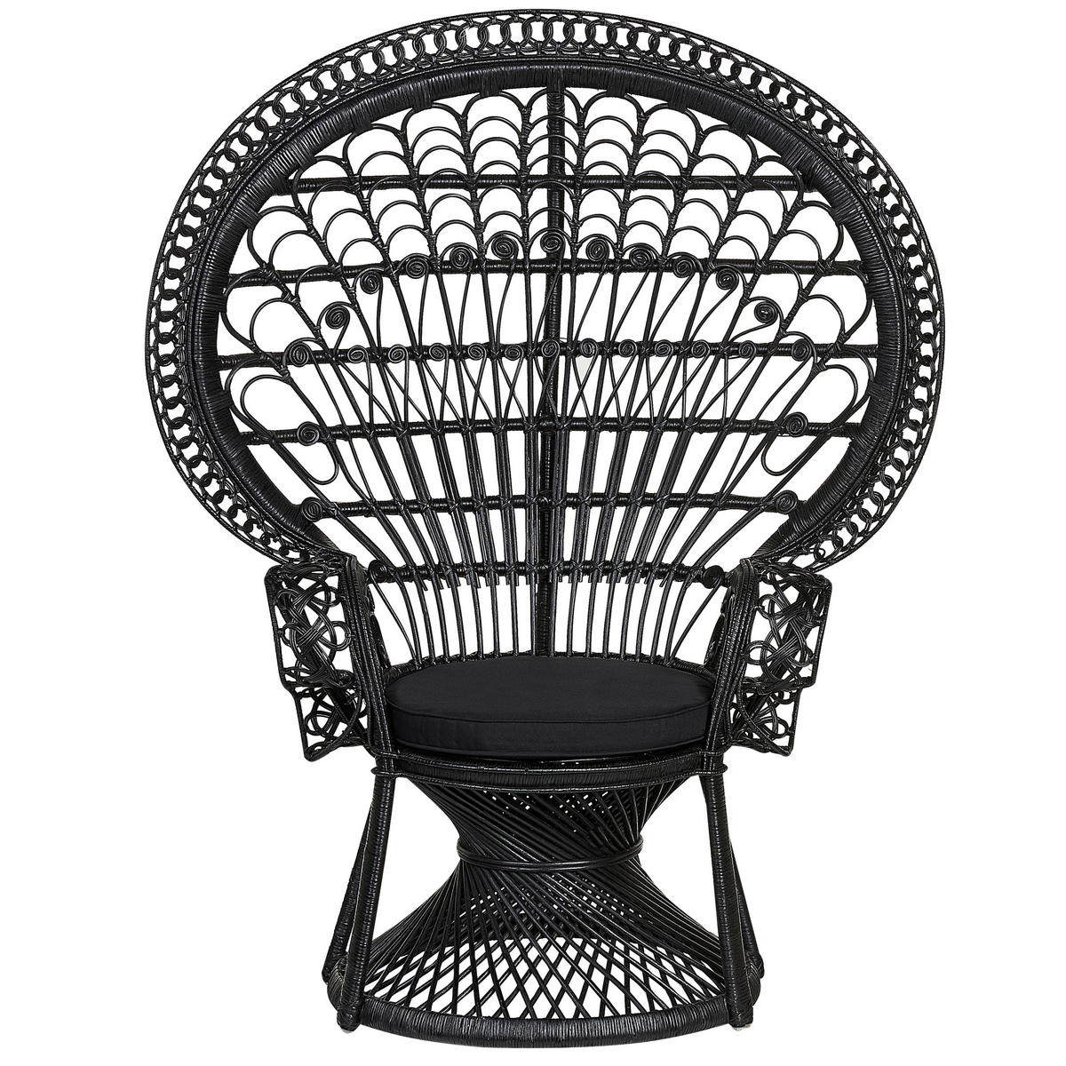 PFAUENSESSEL Rattan/Baumwolle schwarz Emmanuelle - Schwarz, Naturmaterialien/Textil (120/150/50cm) - Beliani