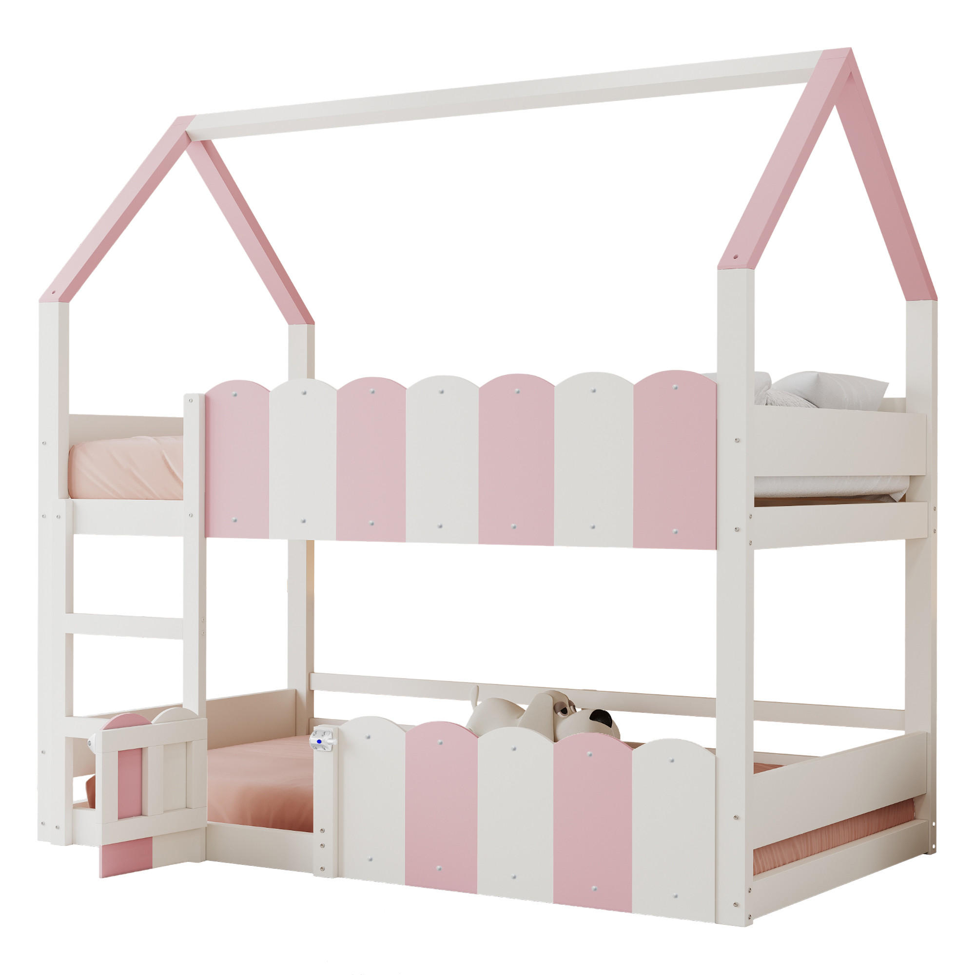 ETAGENBETT Kinder 90/200 cm Hausdesign mit Sicherheitsgeländern in Rosa und Weiß - Pink, Holz (90/200cm) - OKWISH