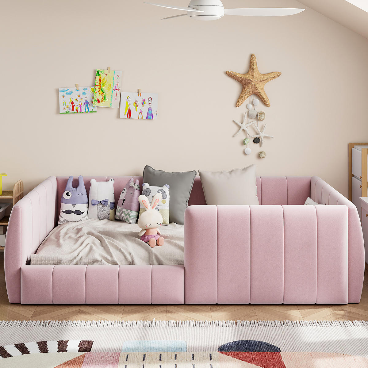 POLSTERBETT 90/200 cm in Pink Samt mit Sicherheitsgitter - Rosa, Holzwerkstoff/Textil (90/200cm) - WISHDOR