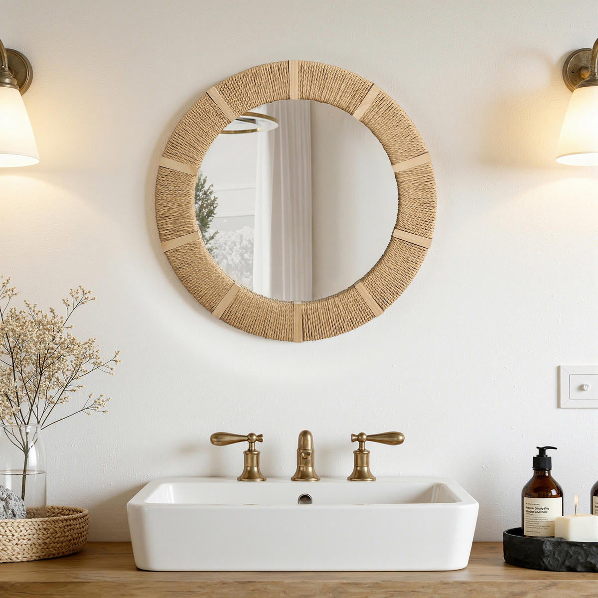 53CM Runder Wandspiegel mit Rahmen aus Tannenholz und Papierkordel Geeignet für Badezimmer, Wohnzimmer, Schlafzimmer usw. - Hellbraun/Beige, Glas/Holz (53/3/53cm) - Hometopia