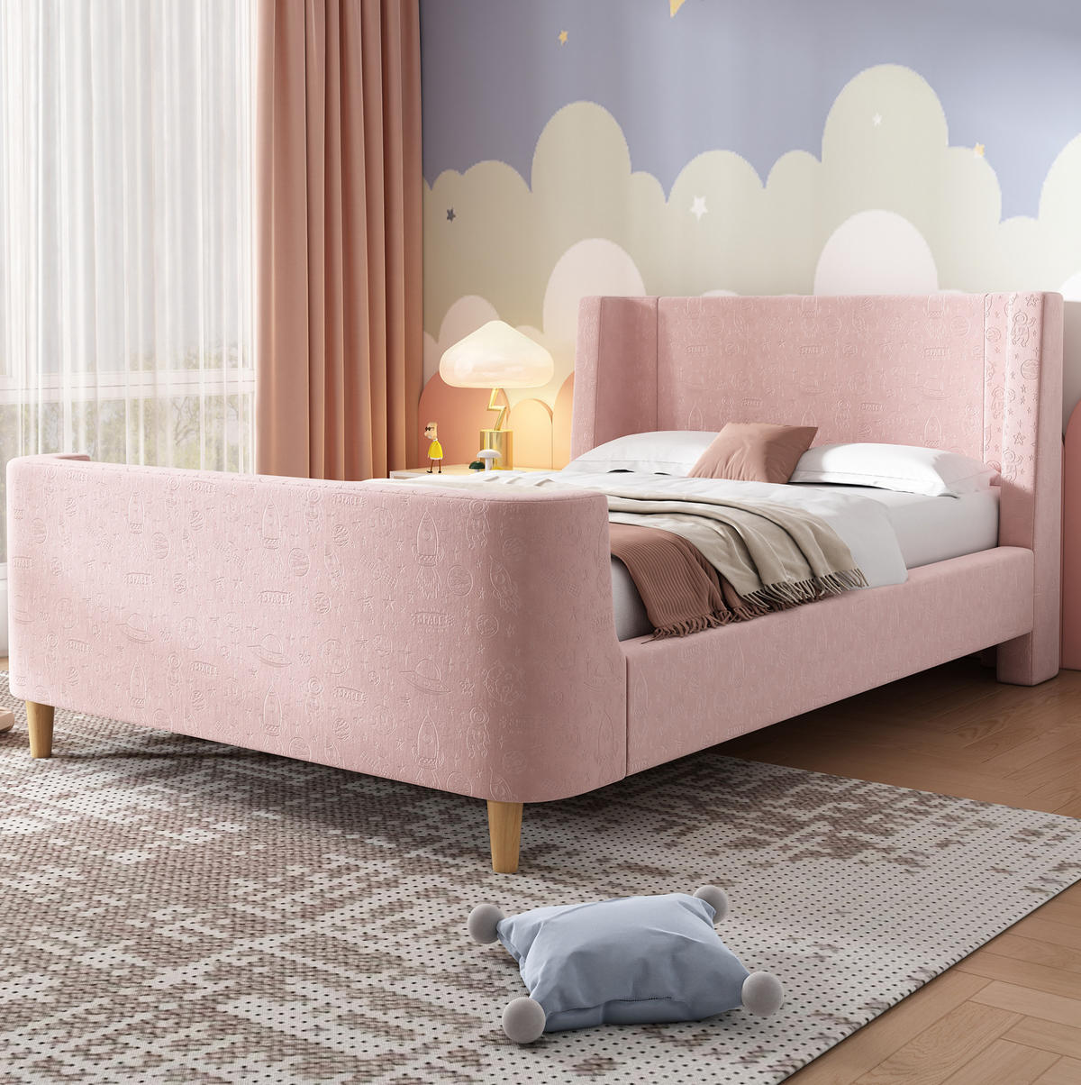 KINDERBETT 90/200 cm in Rosa mit Samtbezug und Weltraummuster - Pink, Textil (90/200cm) - BEAOK