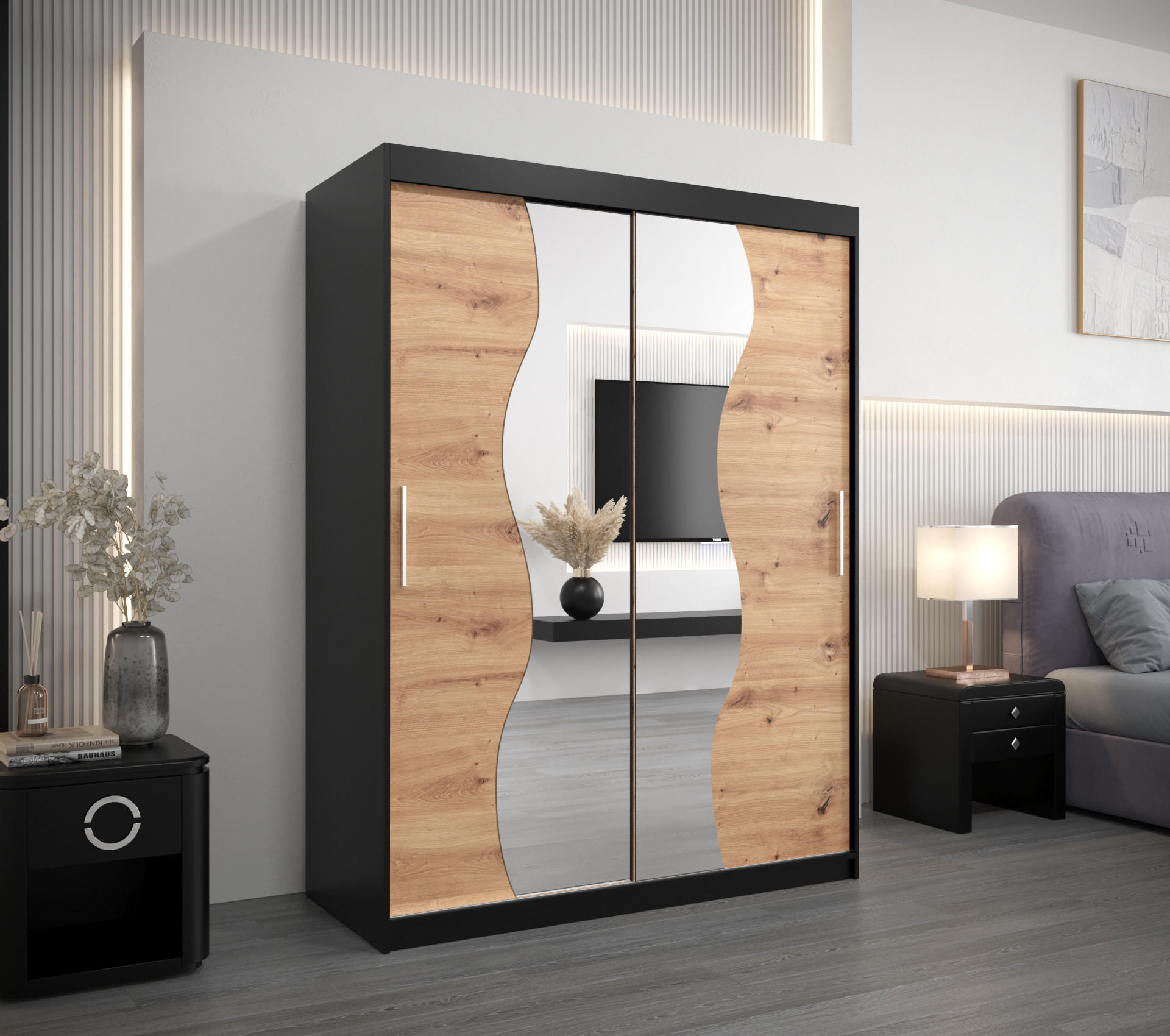 SCHWEBETÜRENSCHRANK 200/150/62 2-türig - Silberfarben/Schwarz, Holz/Kunststoff (150/200/62cm) - MÖBEL KRYSPOL