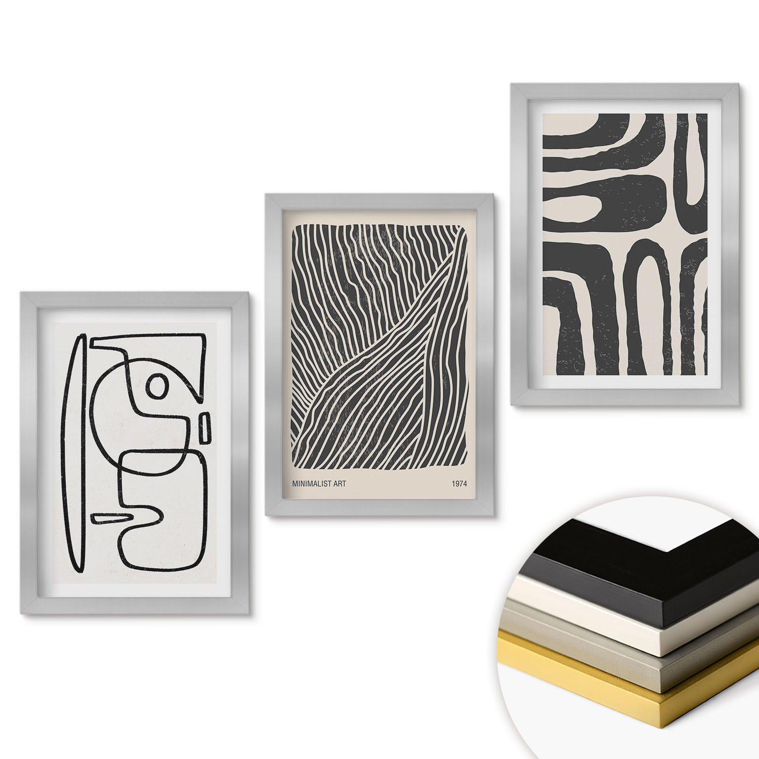 WANDBILDER 3er Set - 20x30 cm Silberner Rahmen - Abstrakte Muster, Linien, Texturen - Silberfarben, Kunststoff (20/30cm) - ArtPrintCave