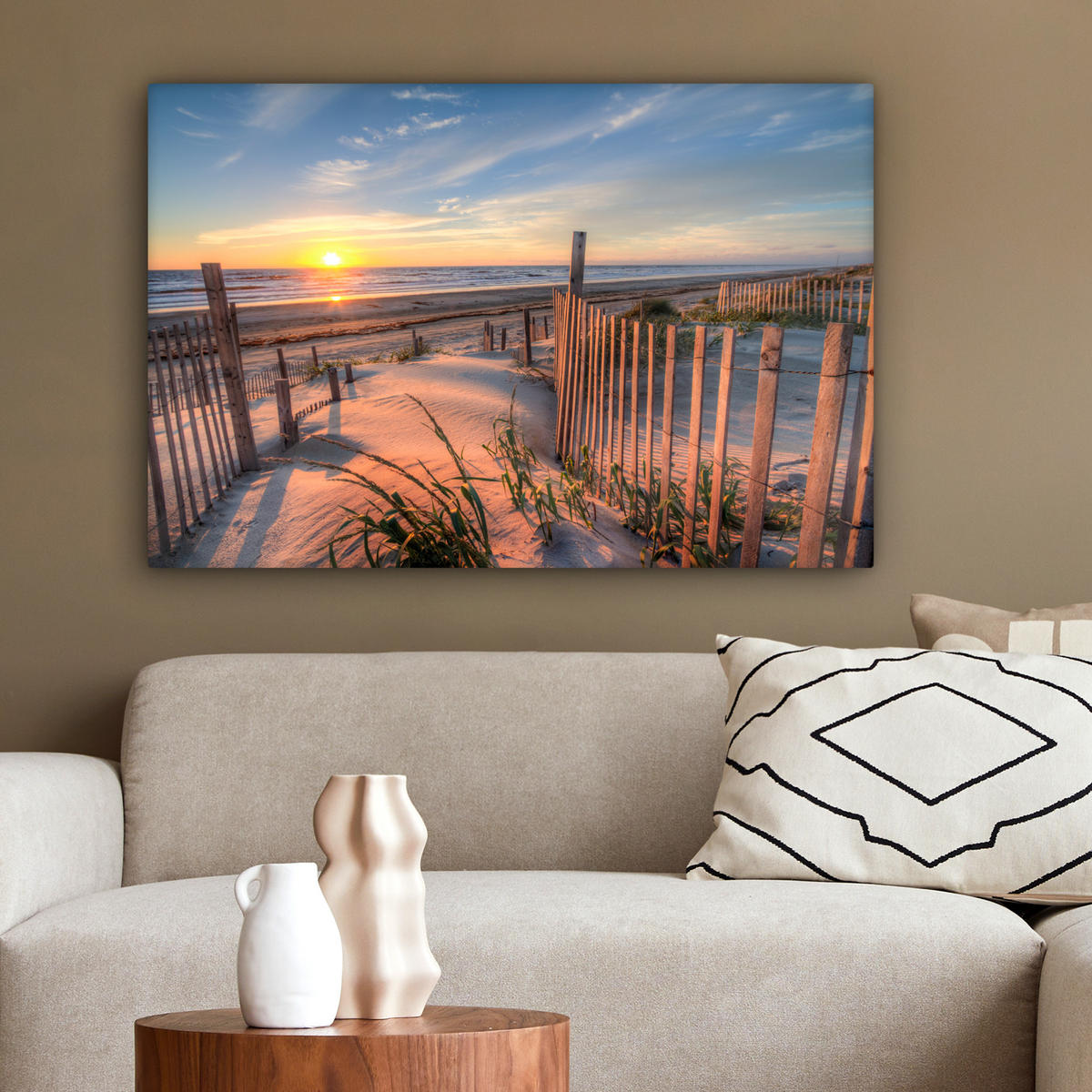 LEINWANDBILD Strand - Meer - Düne - Sonnenuntergang - Landschaft Gemälde 60x40 cm - Beige, Textil (60/40cm) - MuchoWow