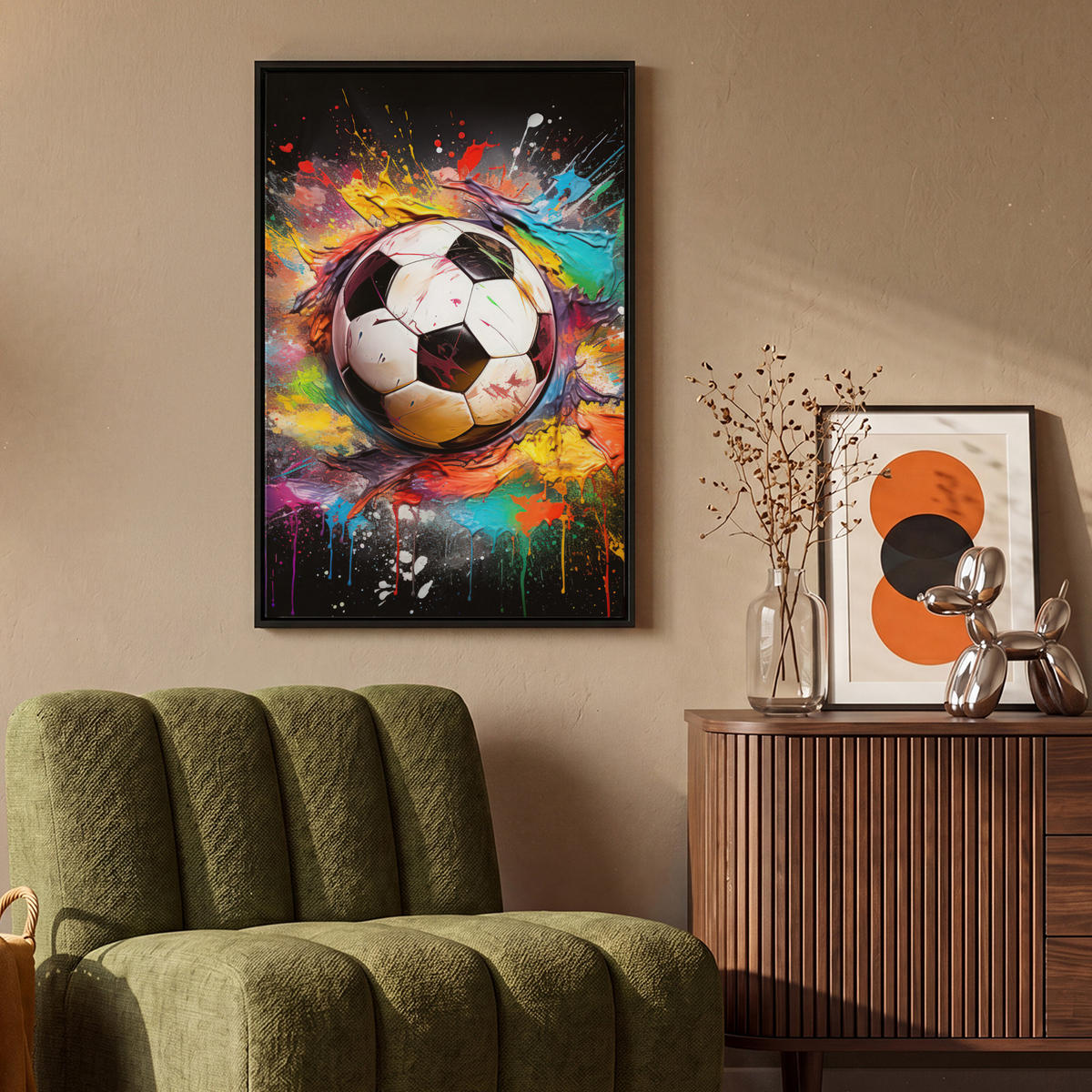 LEINWAND Bilder mit Rahmen - Fußball - Farbe - Farben - Schwarz - Weiß - 60x90 - Weiß, Textil (60/90cm) - MuchoWow