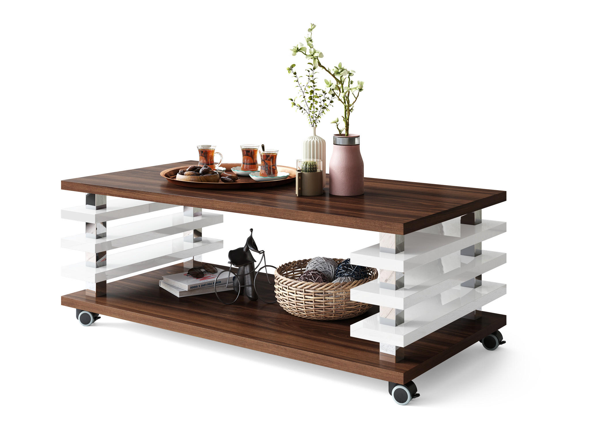 COUCHTISCH rechteckig Nussbaum - Weiß Hochglanz Ablage Rollen - Weiß Hochglanz/Nussbaumfarben, Holzwerkstoff (60/120/45cm) - designimpex