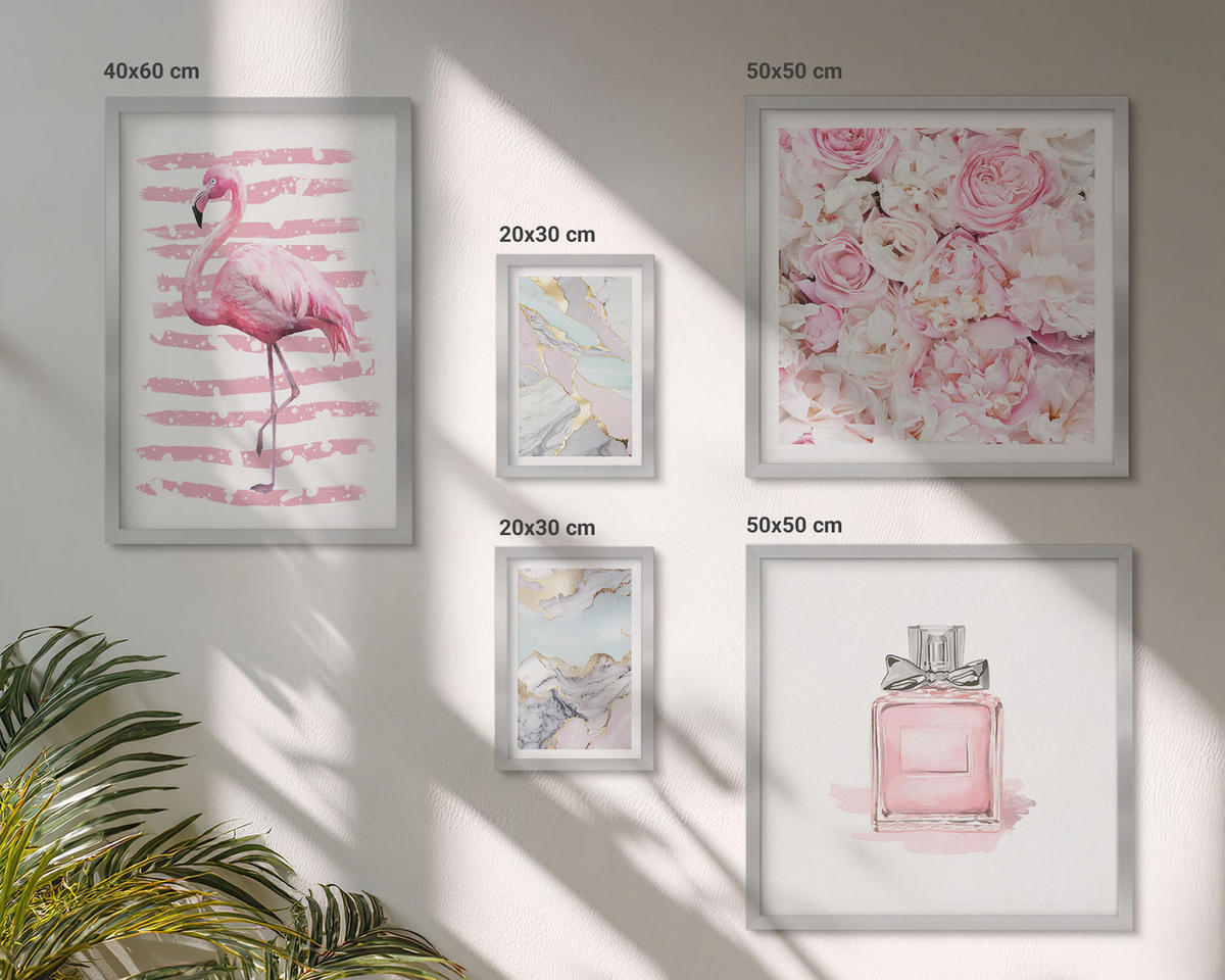 WANDBILDER 5er Set - 50x50 cm & 20x30 cm & 40x60 cm Silberner Rahmen - Rosa Blumen Marmor Pastell - Silberfarben, Kunststoff (40/60cm) - ArtPrintCave