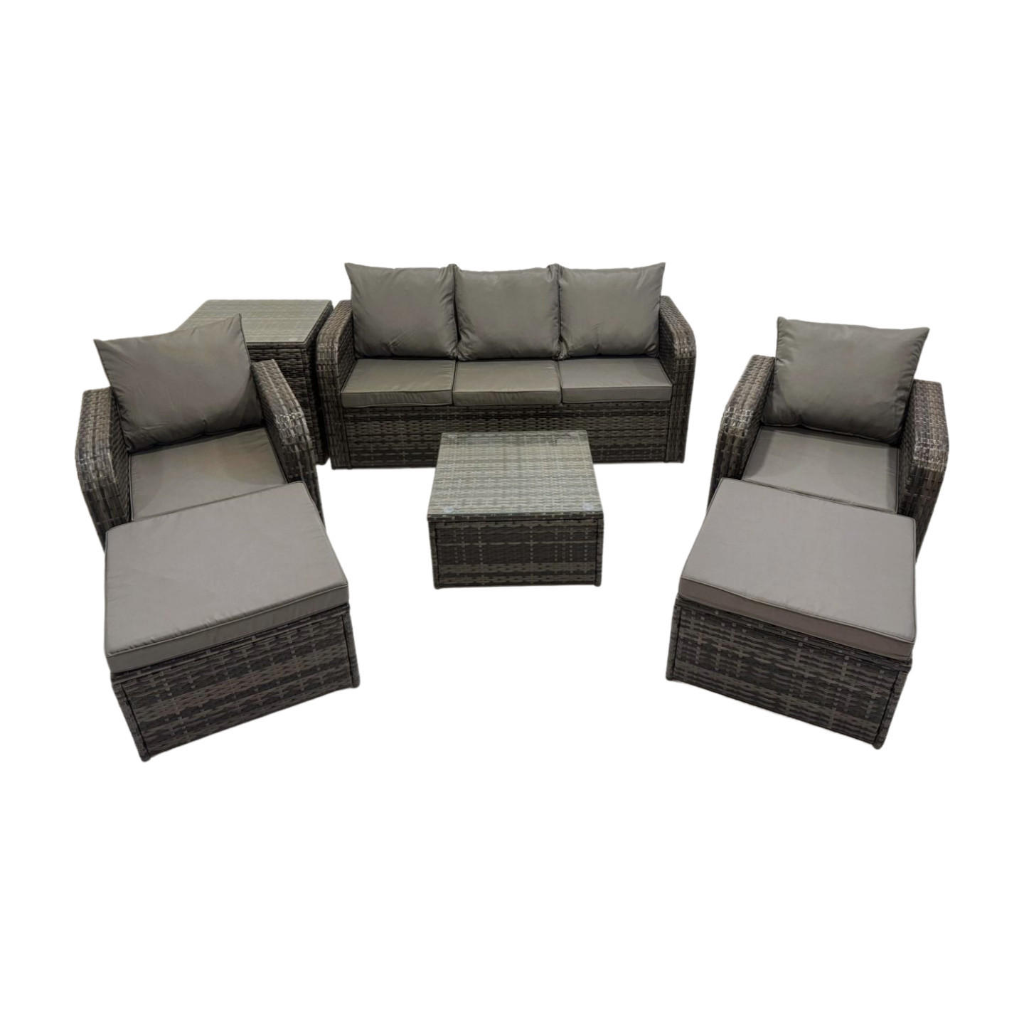 GARTENMÖBELGARNITUR mit KISSEN Polyrattan Dunkelgrau 7-Sitzer - Dunkelgrau/Grau, Glas/Kunststoff - Fimous