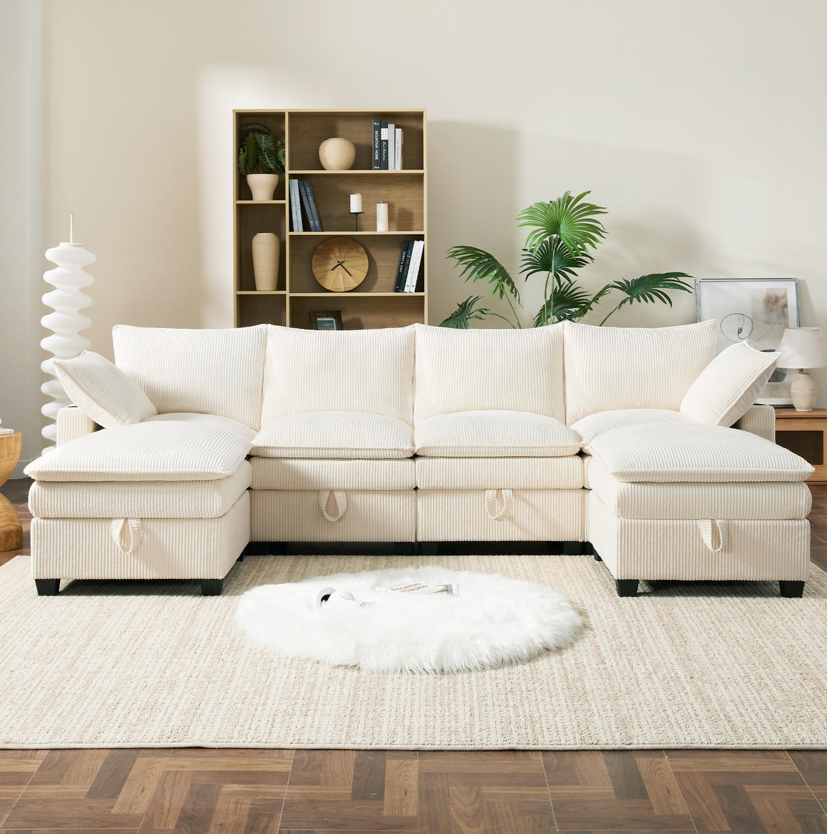 ECKSOFA Modulares 5-6-Sitzer mit Fußhocker und USB-Anschlüssen Cord Beige 280/151/82 cm - Beige, Textil (280/152cm) - OKWISH