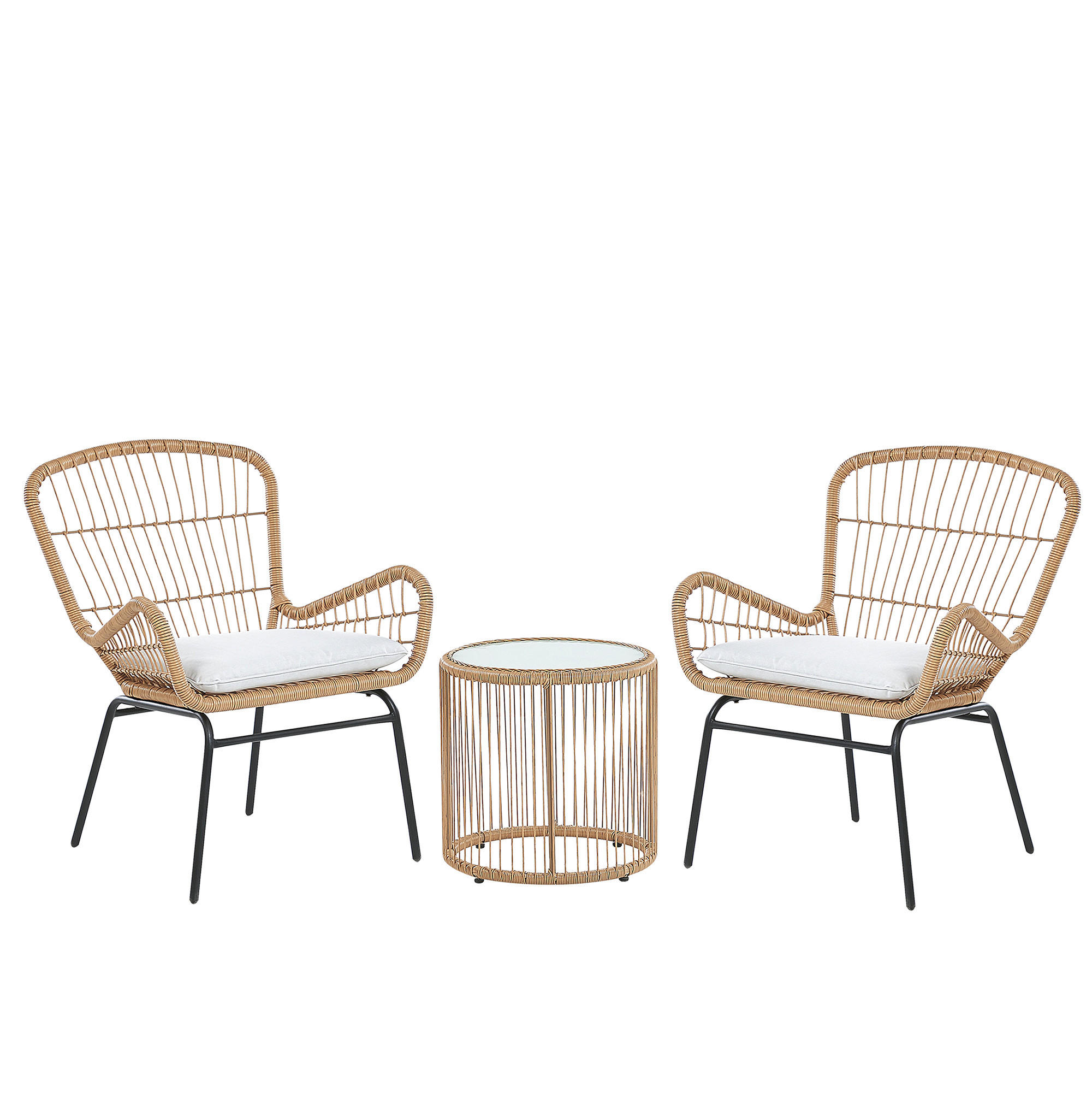 BALKONSET 2-Sitzer Rattan natürlich Auflagen hellgrau Labico - Beige/Schwarz, Kunststoff - Beliani