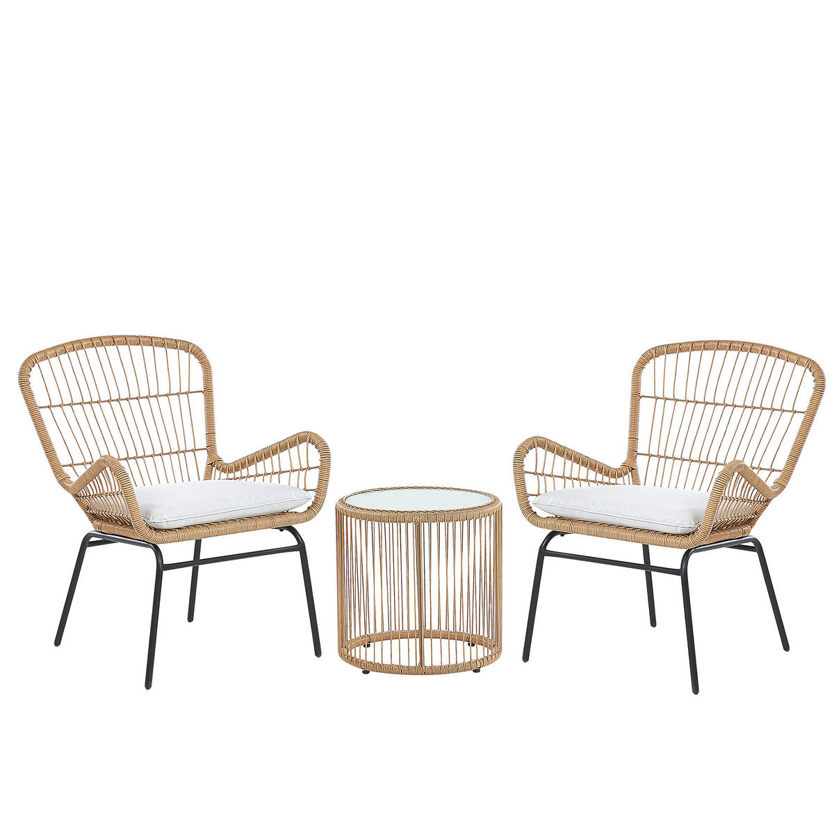 BALKONSET 2-Sitzer Rattan natürlich Auflagen hellgrau Labico - Beige/Schwarz, Kunststoff - Beliani