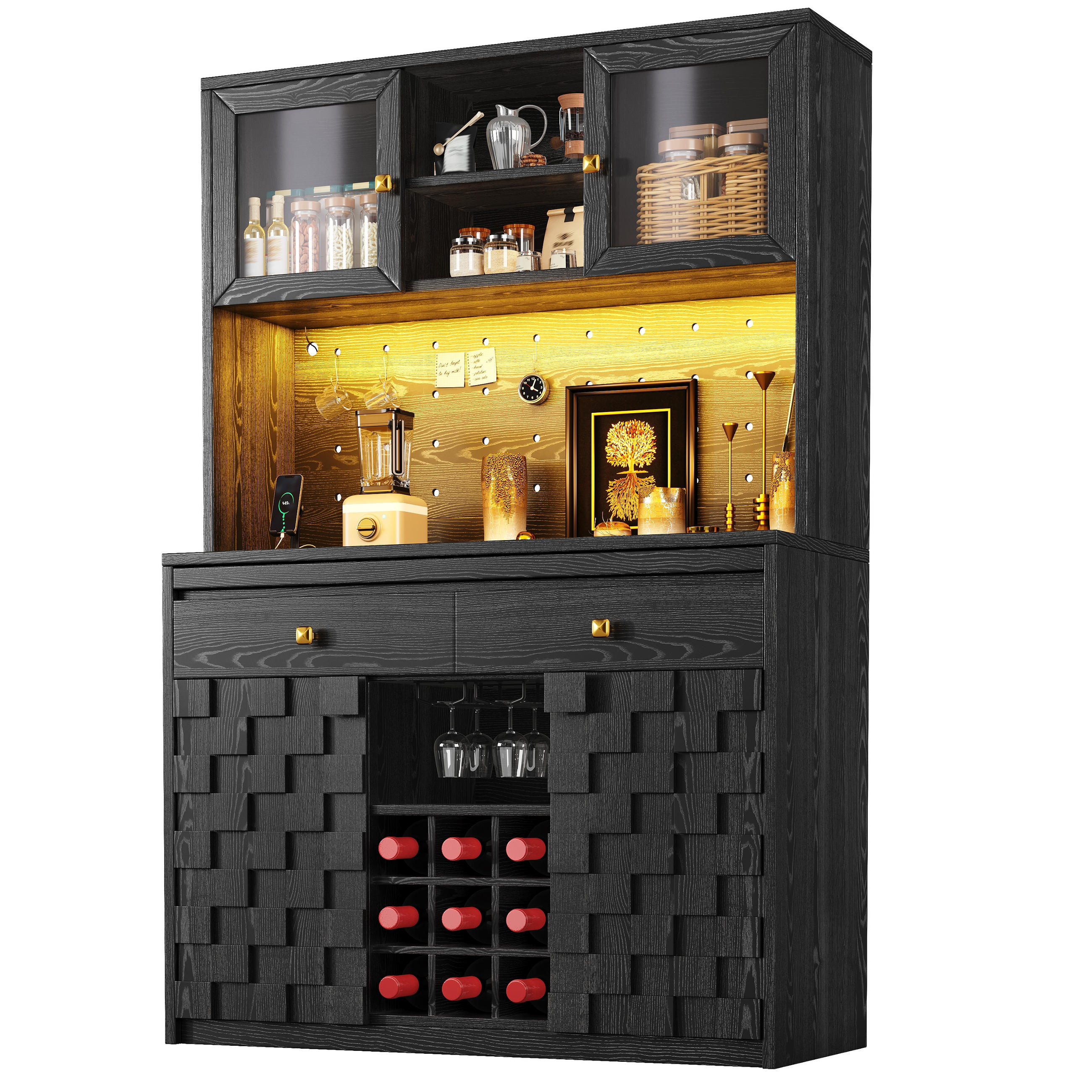 HIGHBOARD Schwarz 120×40×178 cm mit Acrylfront, RGB-LED, Lochwand und Weinflaschenhalter aus Holzwerkstoff und Acryl - Schwarz, Holzwerkstoff (120/178/40cm) - Luhomfu