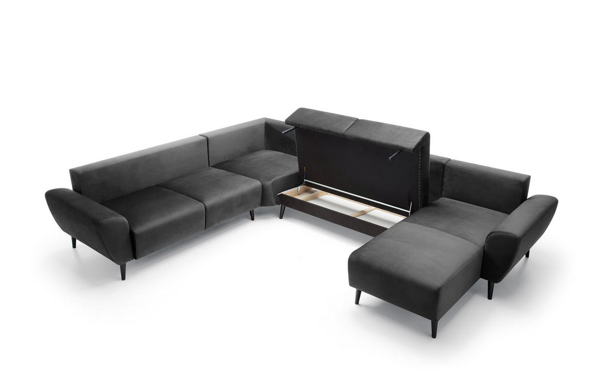 ECKSOFA BOSCO U-Form, Monolith-Stoff, freistehend, mit verstellbaren Kopfstützen, Sofa für Familien, Größe: 340x270x98cm, Farbe: Grau - Grau, Holz/Textil (340/270cm) - DomoHome