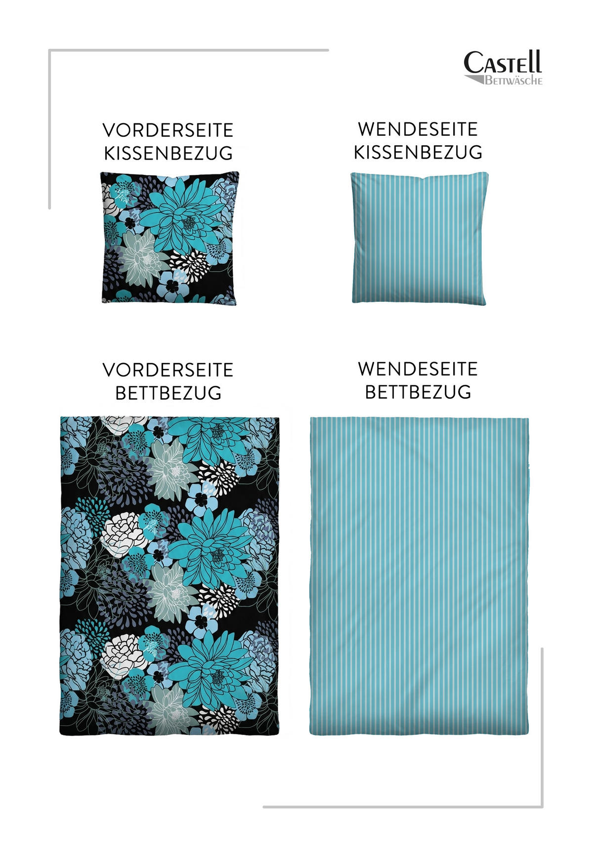BETTWÄSCHE-GARNITUR Renforcé Blumen türkis, 135x200 cm + 80x80 cm - Türkis, Textil (135/200cm) - Castell