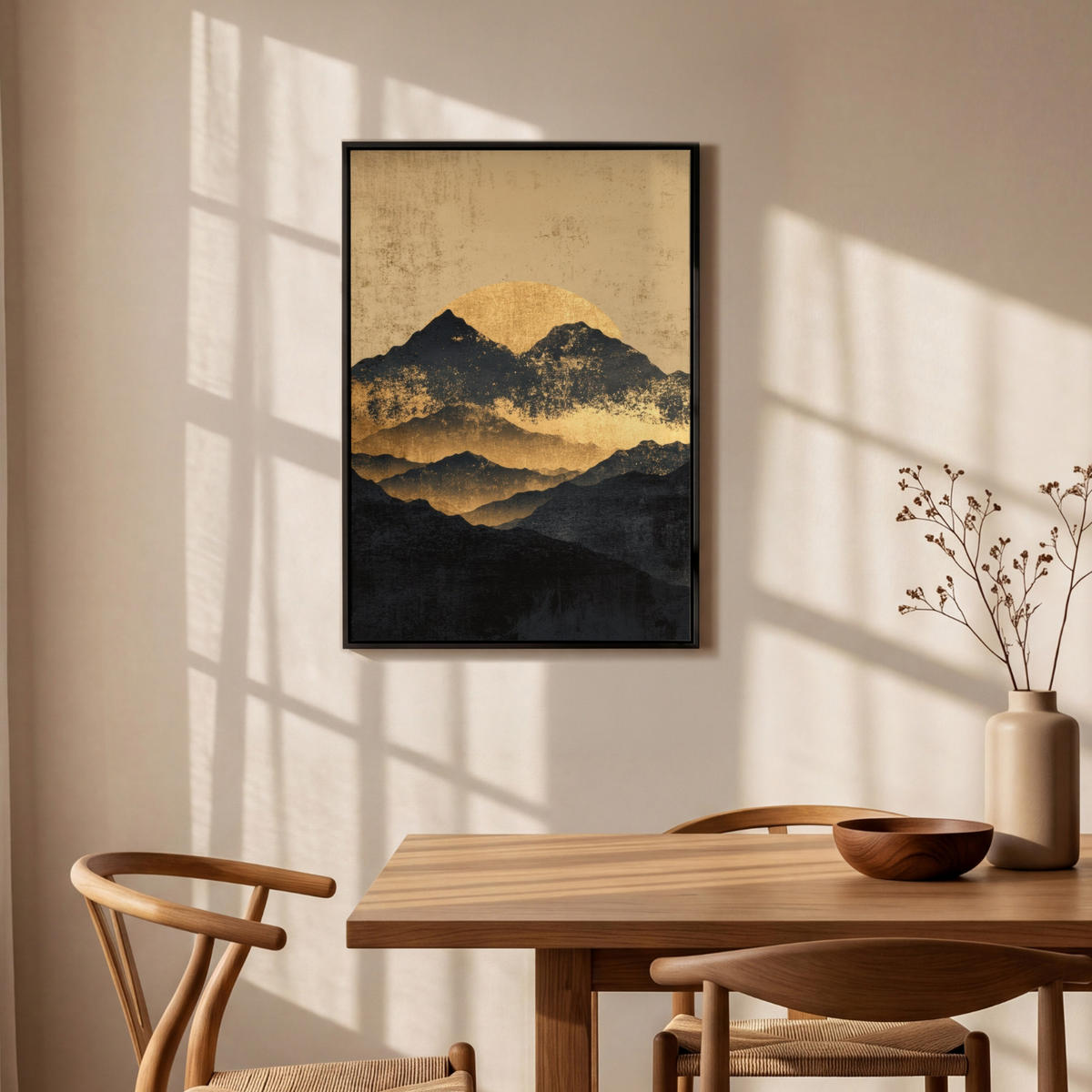 LEINWAND Bilder mit Rahmen - Goldene Berge bei Mondschein - 60x90 - Goldfarben, Textil (60/90cm) - MuchoWow