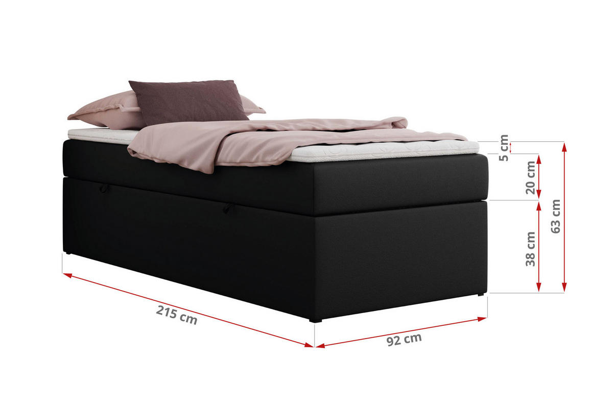 BOXBETT ZERO 90/200 - Schwarz Kunstleder - H3 - Topper T25 - Schwarz, Textil (90/200cm) - MKS