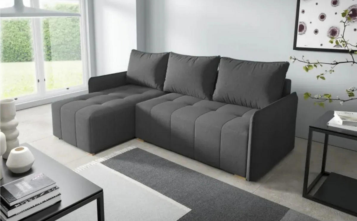 ECKSOFA GREND, L-Form mit Schlaffunktion und Bettkasten, Dunkelgrau, links, Veloursstoff - Dunkelgrau, Textil (210/140cm) - Sepro Meble