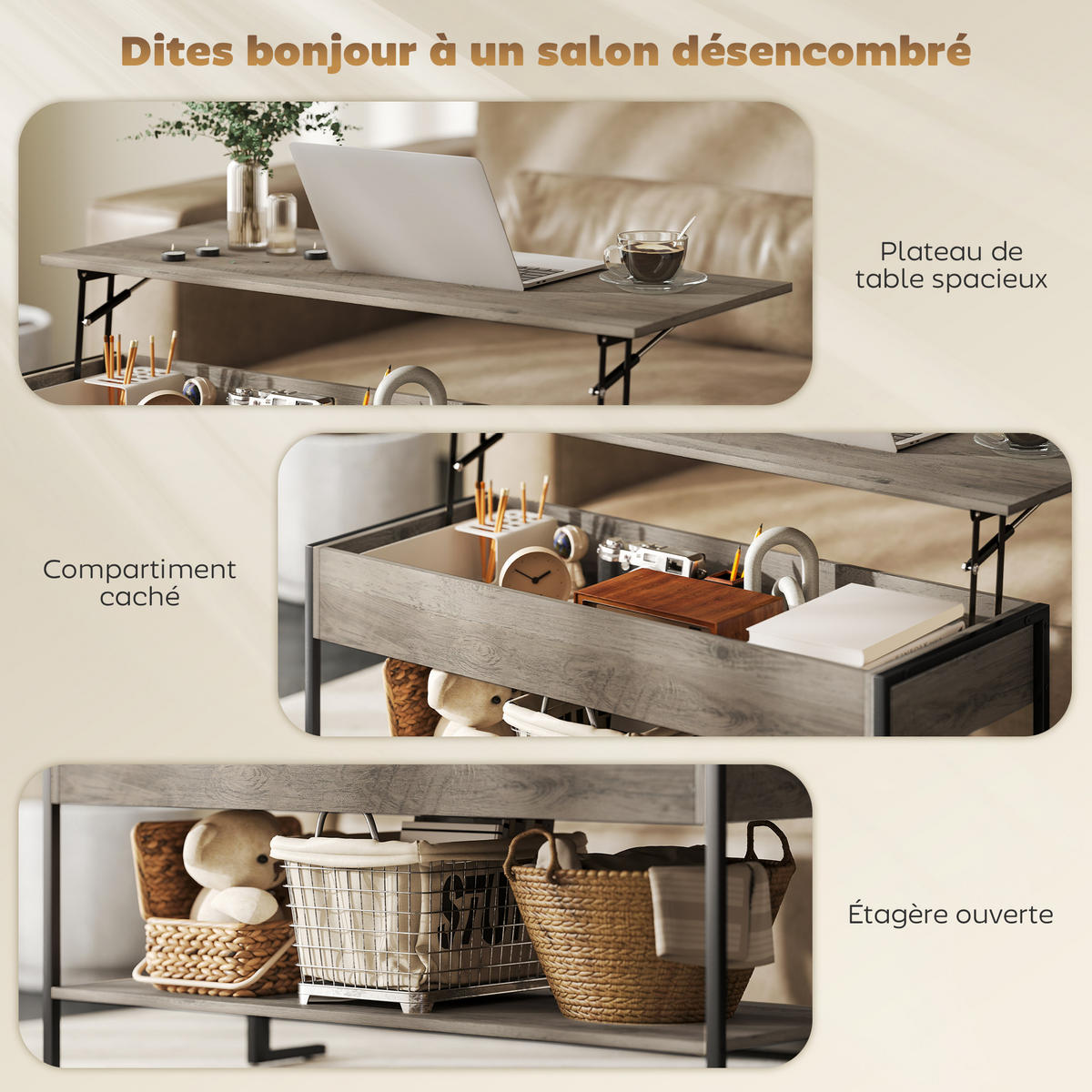 COUCHTISCH DE-15792 klappbare Platte Grau - Grau, Holzwerkstoff (95/40/59cm) - ComfortXL