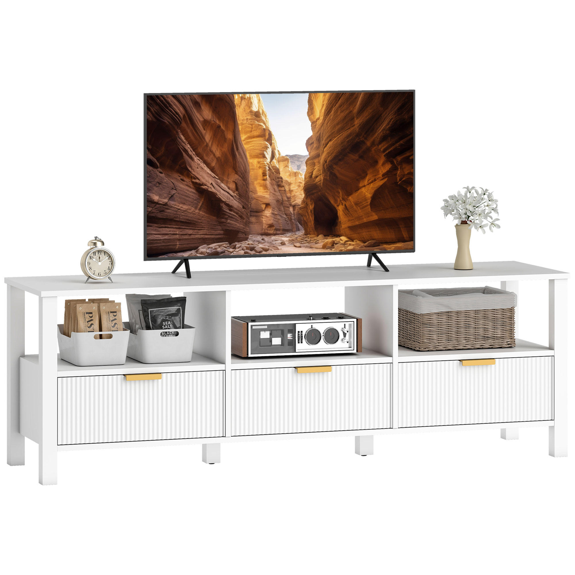 TV-LOWBOARD Weiß 152/39,5/50 cm, 3 Schubladen, 3 offene Fächer - Weiß, Holzwerkstoff (152/50/39.5cm) - PANGIVO