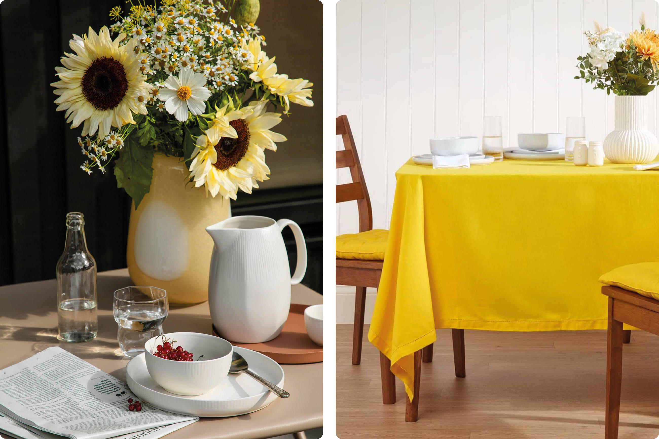 Links ein Tisch mit Sonnenblumenstrauß in weißem Krug, Glasflasche, Glas, Schale mit roten Beeren und Zeitung, rechts ein gedeckter Tisch mit gelbem Tischtuch, Stühlen und Blumenstrauß in weißer Vase
