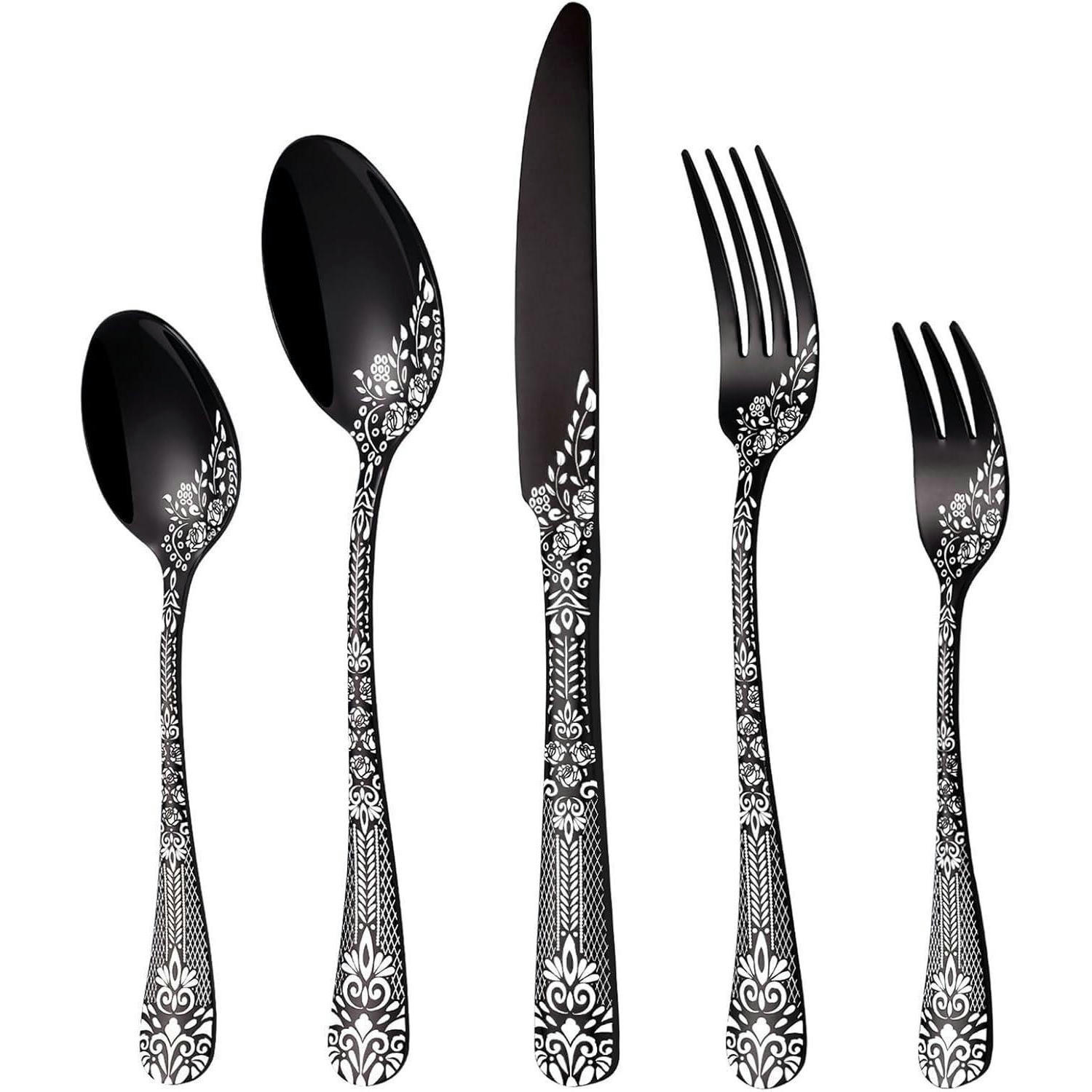 BESTECKSET 30-teilig für 6 Personen Schwarz mit Blumenmuster - Schwarz, Metall