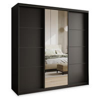 SCHWEBETÜRENSCHRANK VARO 180/205/60 cm 3-türig mit Spiegel und Schubladen Schwarz - Schwarz, Holzwerkstoff (180/205/60cm) - MASSENO