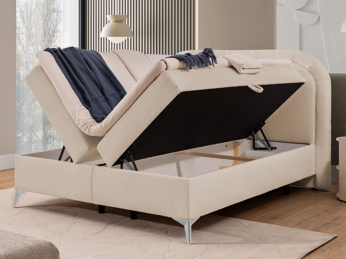 BOXBETT Sonna 160/200 cm Hellbeige Bouclé-Stoff mit abgerundetem Kopfteil und mit silbernen Metallfüßen - Beige/Silberfarben, Holz/Textil (160/200cm) - S-Style Möbel
