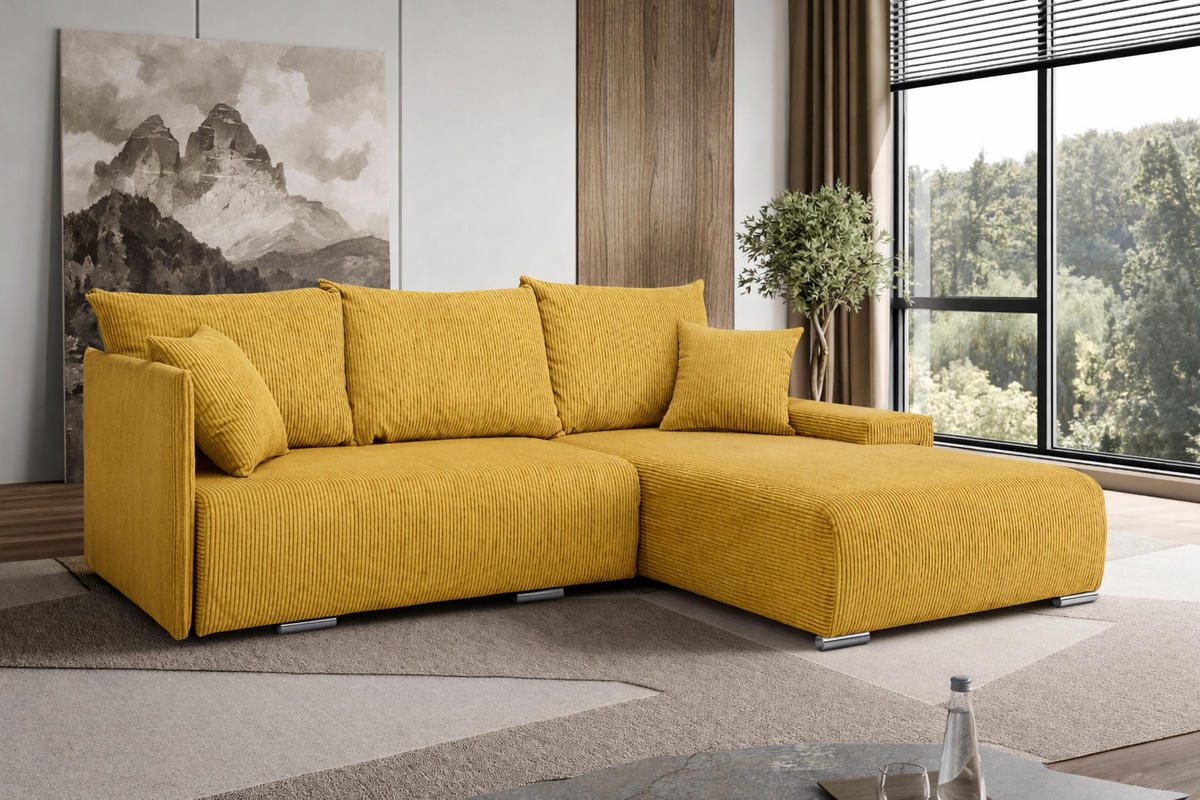 ECKSOFA L-Form Schlaffunktion Livorno Cord-Stoff Gelb Rechts - Chromfarben/Gelb, Holz/Kunststoff (246/188cm) - Kaiser Möbel