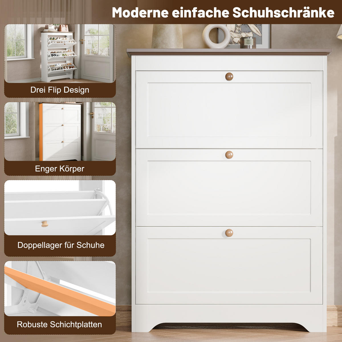 SCHUHSCHRANK in Weiß Schuhkommode mit 3 Klappen und runden Griffen für Flur und Eingangsbereich, B87/T26/H120cm - Weiß, Holzwerkstoff/Metall (83/120/23.5cm) - STILVORA