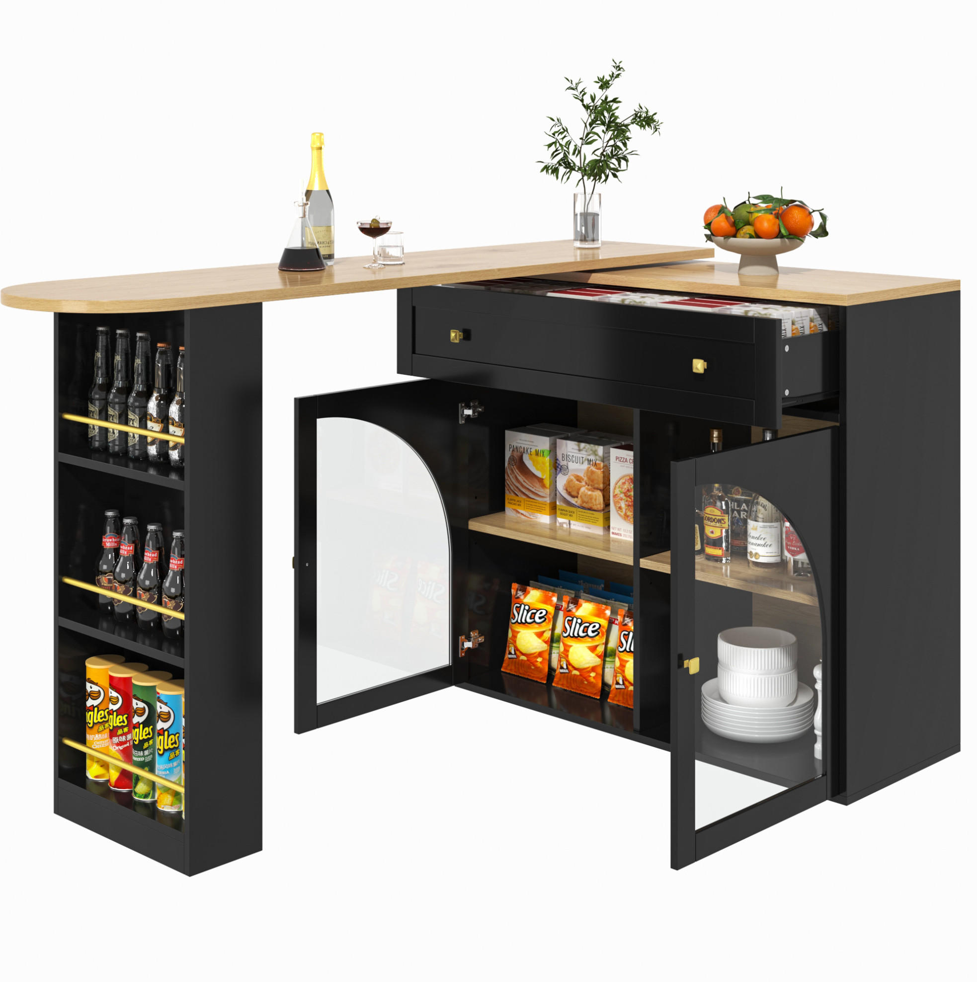 BARTISCH 138-204/39/104 cm in Schwarz mit drehbarer Ausziehfunktion & Regal - Schwarz, Holzwerkstoff (138/39/104cm) - BEAOK