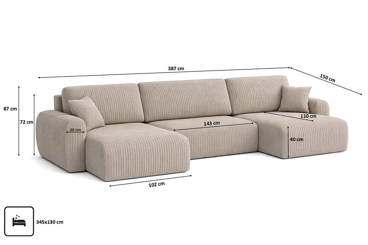 ECKSOFA Mit Schlaffunktion Und Bettkasten U-Form Ariel U XL, Cordstoff Poso, Dunkelbeige - Beige, Holz (387/142cm) - Kaiser Möbel