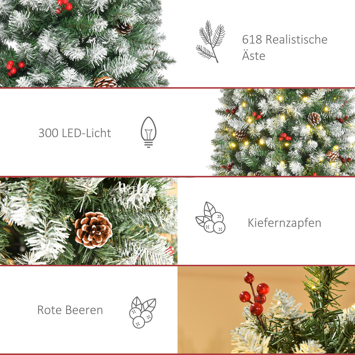 WEIHNACHTSBAUM 1,8 m Christbaum 618Zweige mit LED-Lichter Beeren PVC Grün+Weiß - Multicolor, Kunststoff (180cm) - HOMCOM