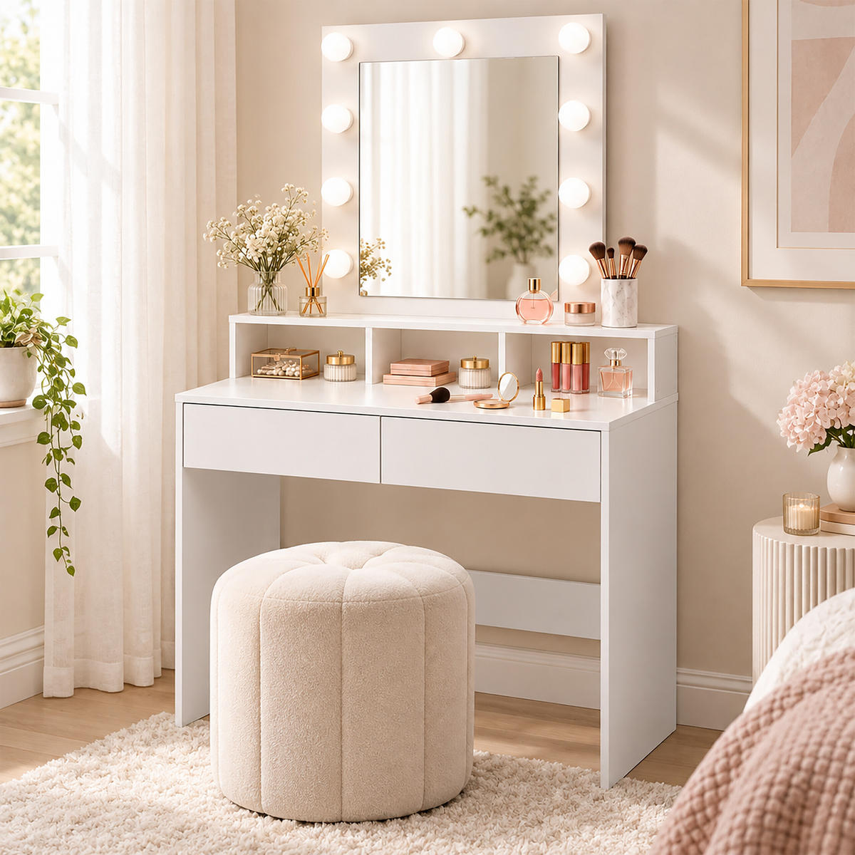 SMINKBORD Vitt med spegel - Vit, Glas/Träbaserade material (80/140/40cm) - Relaxdays