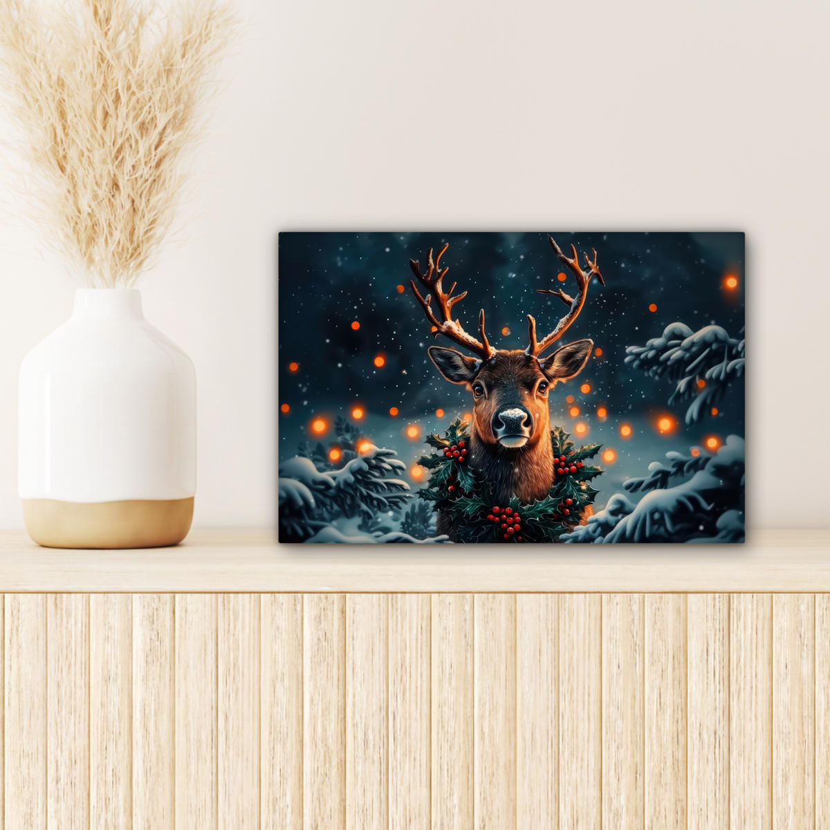 LEINWANDBILD Hirsch - Weihnachten - Winter - Schnee - Weihnachtskranz 30x20 cm - Dunkelbraun, Textil (30/20cm) - MuchoWow