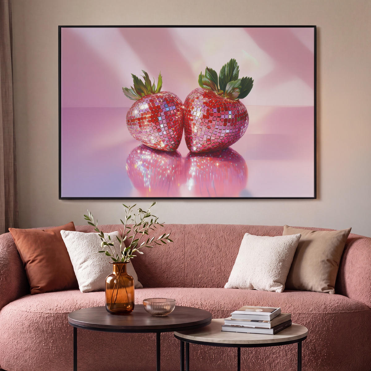 LEINWAND Bilder mit Rahmen - Disco - Obst - Glitzer - Erdbeere - 140x90 - Pink, Textil (140/90cm) - MuchoWow