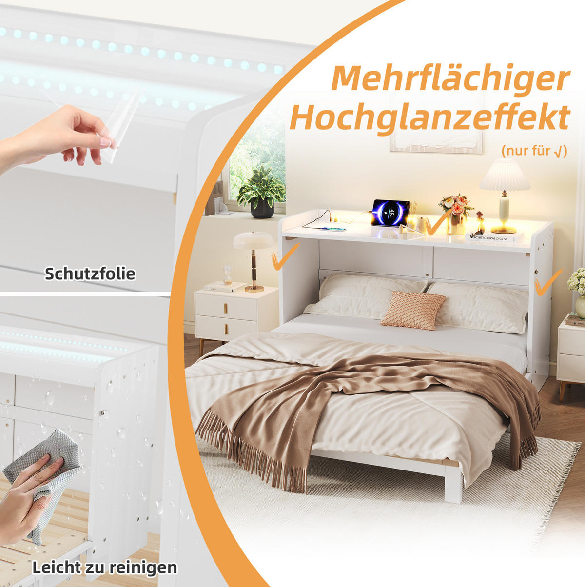 BETT 140/200 cm in Weiß – klappbar mit Stauraum, LED-Beleuchtung und USB - Weiß, Holzwerkstoff (140/200cm) - BEAOK