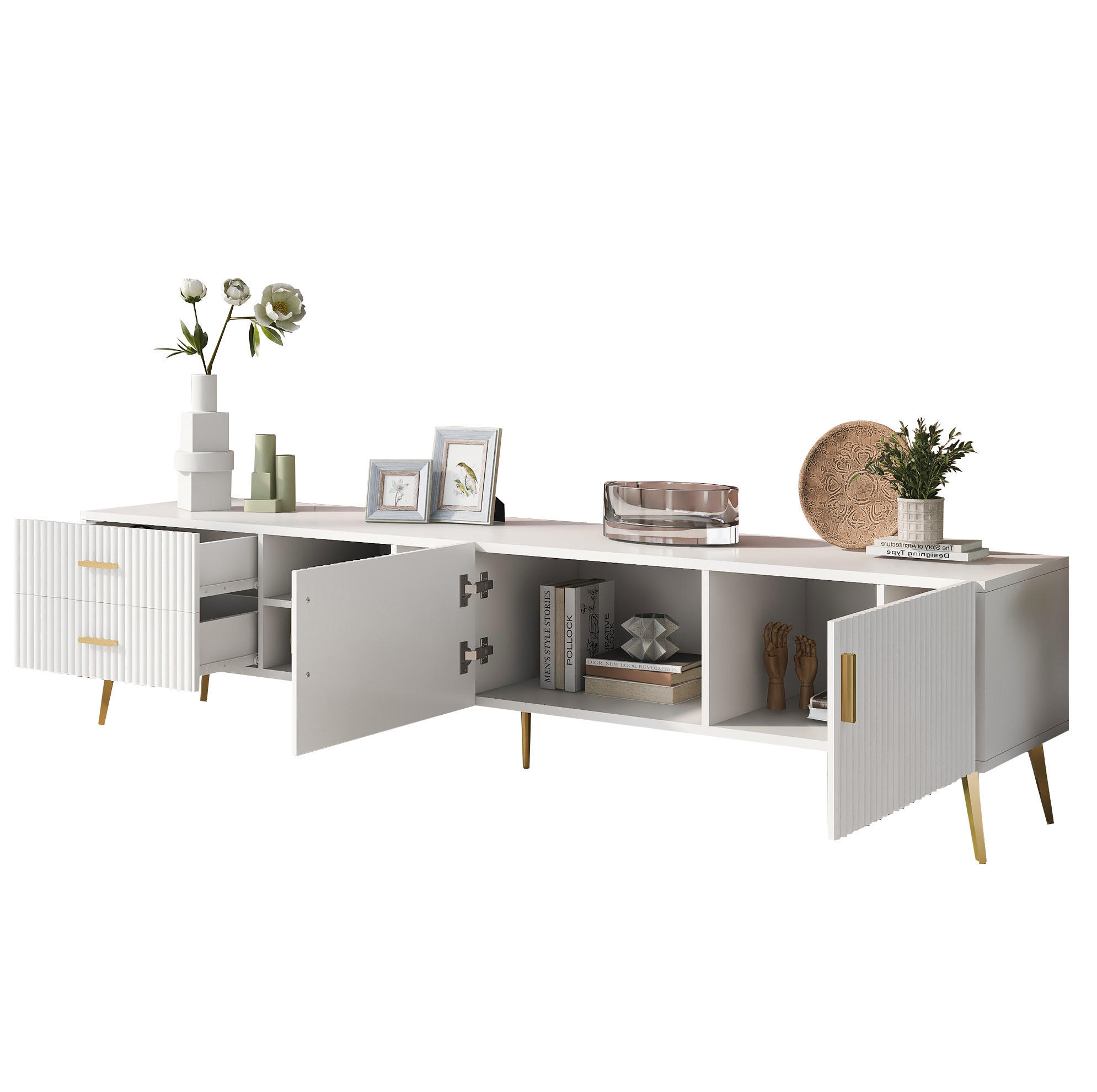 TV stolek 180/35/41 cm pro TV do 80 palců, se 2 zásuvkami a 2 dvířky, z MDF, Bílá - bílá, kompozitní dřevo (180/41/35cm) - Redom