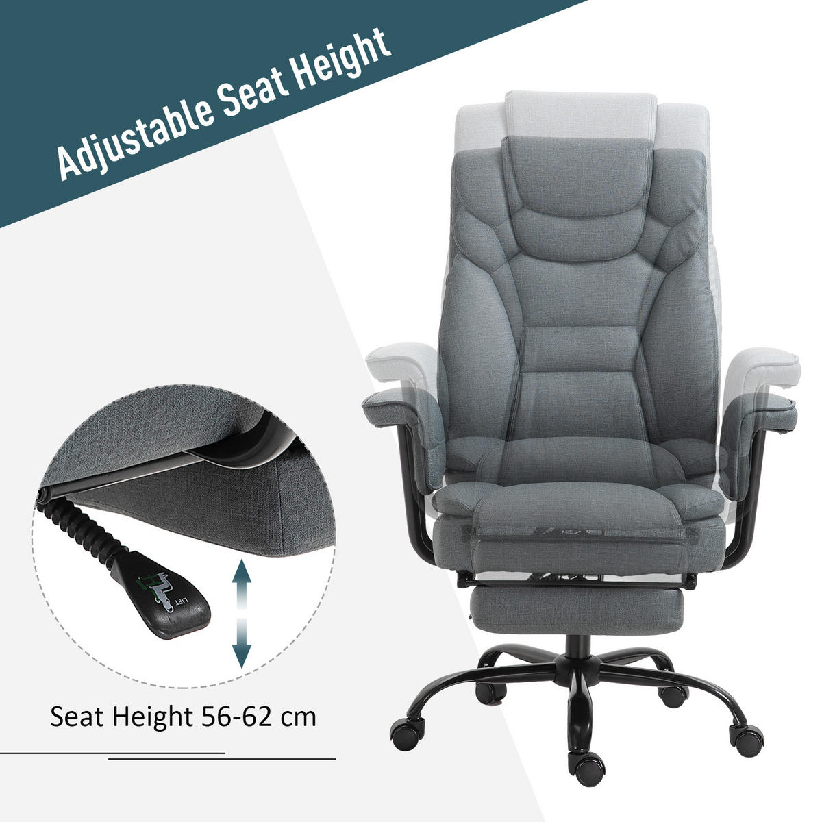 BÜROSTUHL höhenverstellbar Chefsessel Computerstuhl mit Fußstütze 360° PU - Grau, Leder (80/126/68cm) - Vinsetto