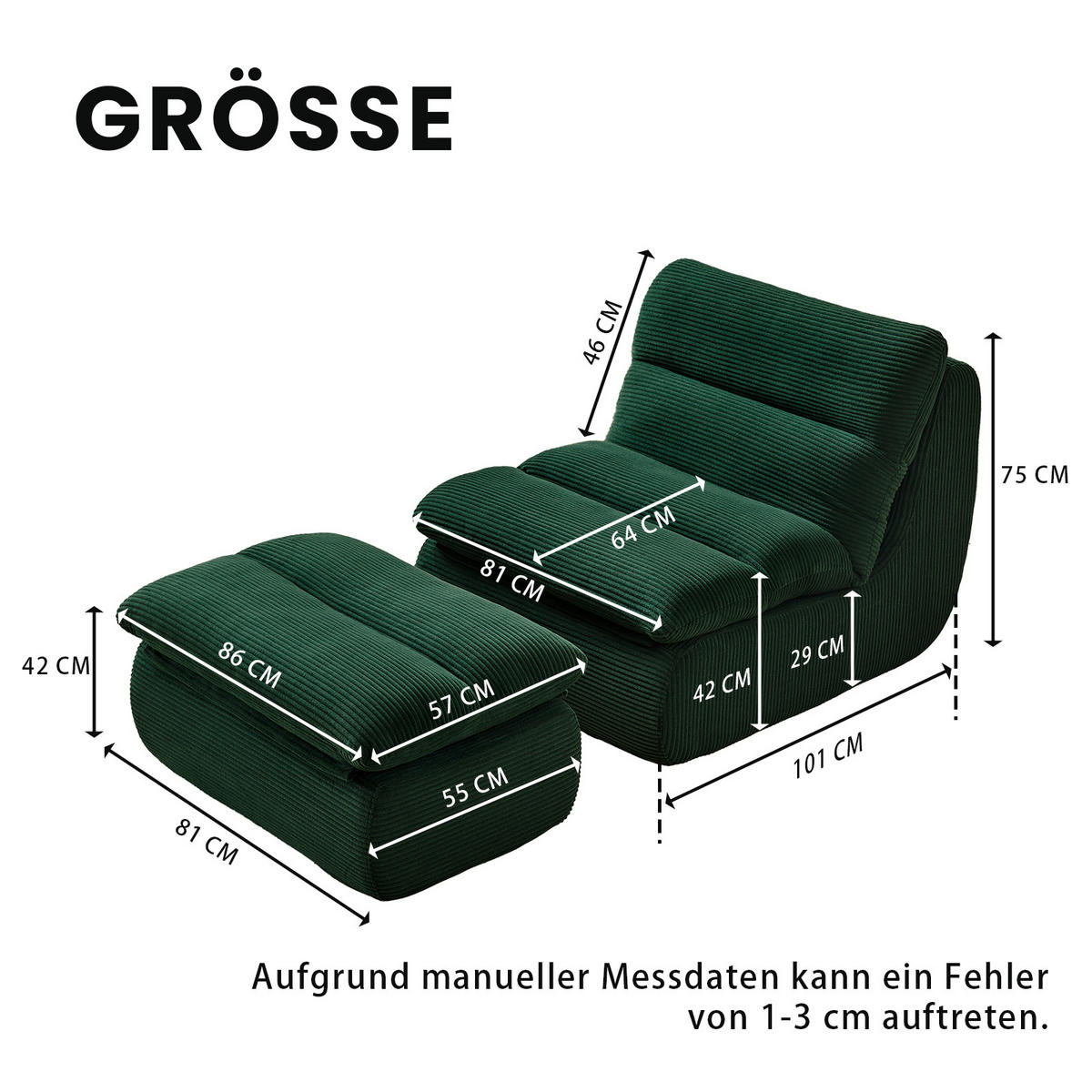 SOFA 101/81/75 cm mit Fußhocker, abnehmbarer Rücken- und Sitzpolsterung aus Cord, Grün - Grün, Textil (81/75/101cm) - Redom