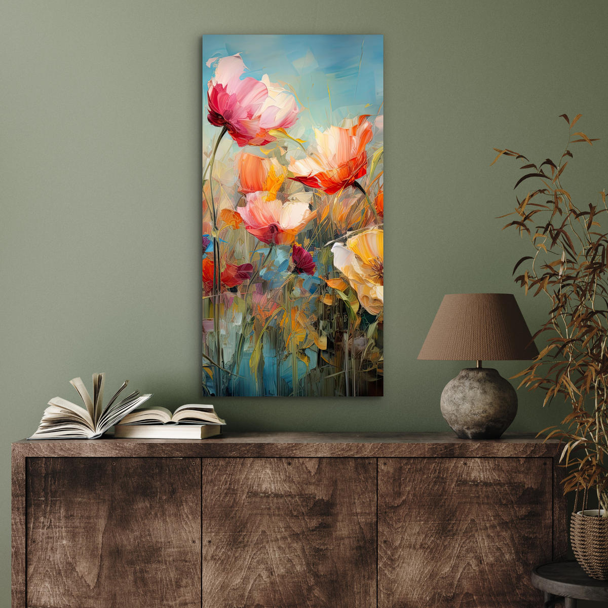 METALLBILD Blumen - Aquarell - Kunst - Botanisch - Natur 40x80 cm - Orange, Metall (40/80cm) - MuchoWow