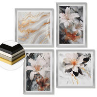 WANDBILDER 4er Set - 50x50 cm & 40x60 cm Silberner Rahmen - Blumen Marmor weiß schwarz - Silberfarben, Kunststoff (50/50cm) - ArtPrintCave