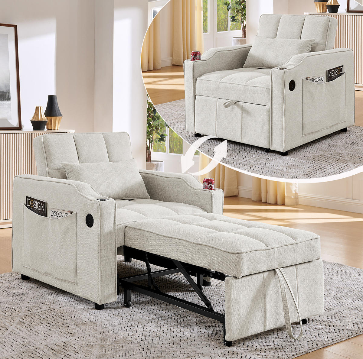 SCHLAFSESSEL 3-in-1 mit Liegefunktion 190 cm Holz/Stoff Beige - Beige, Holz (85/86/190cm) - Meubliv